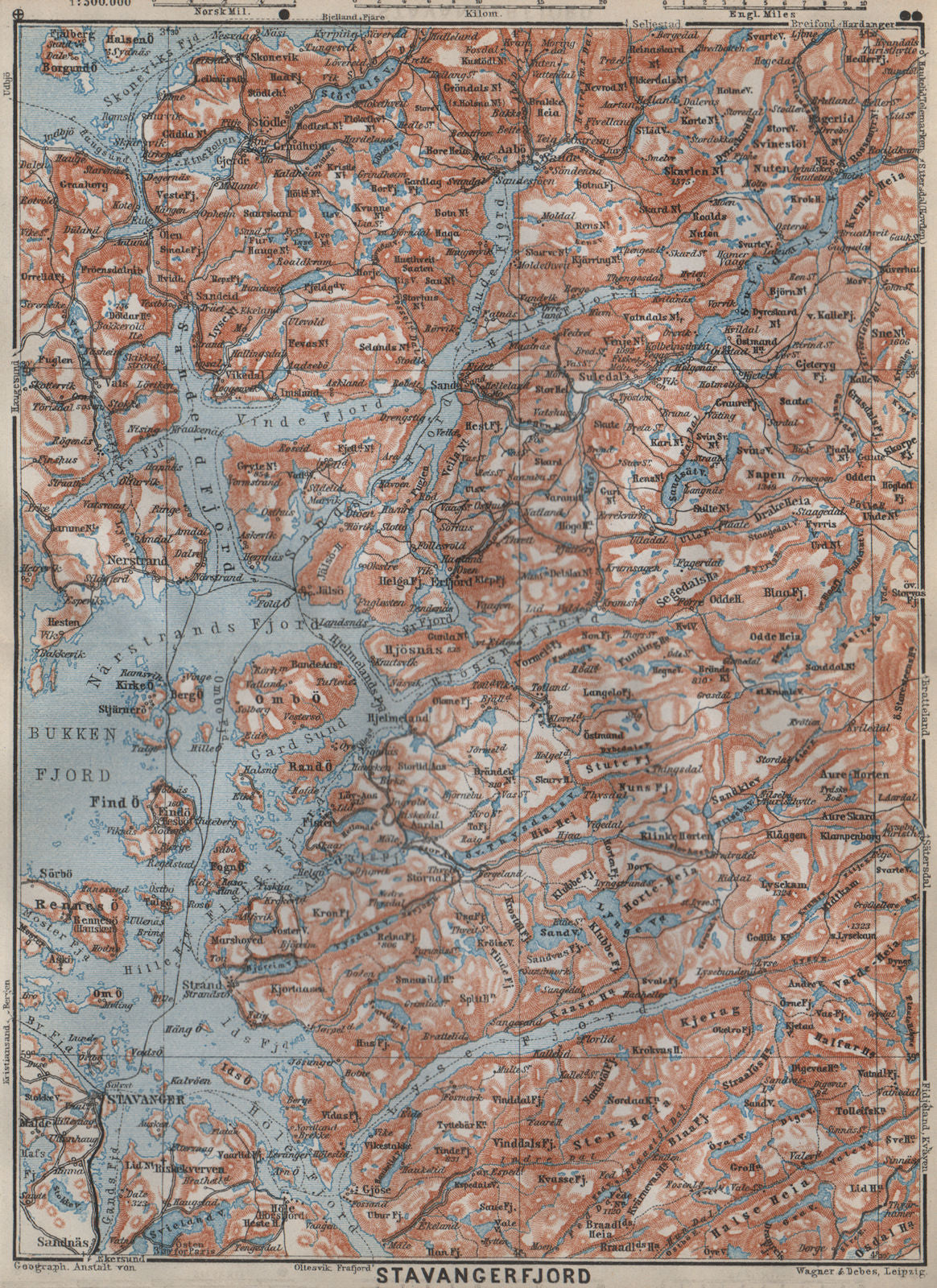STAVANGER/BOKNA FJORD topo-map. Nedstrand Tau Sauda Etne. Norway kart 1912